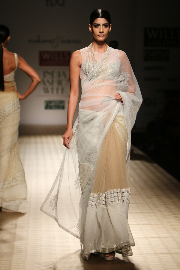Ivory Net Big Sequin Boota with Gold Net & Ivory Chiffon Pleats with Flower Lace Sari with Brocade Petticoat
