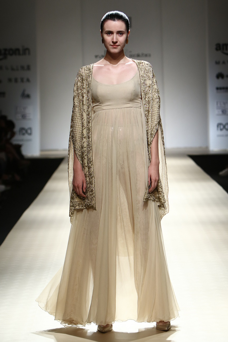 Sand Chiffon Gown W/ Lace & Sequin Trouser W. Foil Fully Embroidered Jacket Bop-31