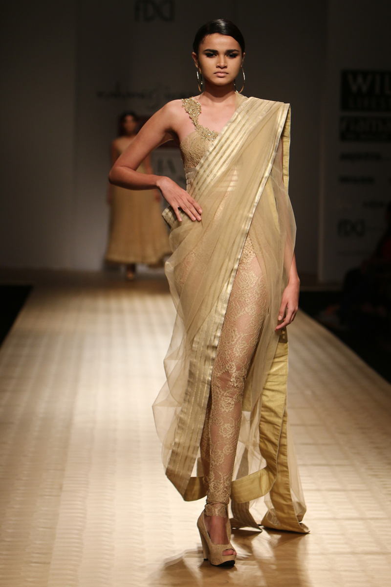 Gold Roses Lace Cat Suit with Jewel Fern Yoke with Net Hyderabadi Drape
