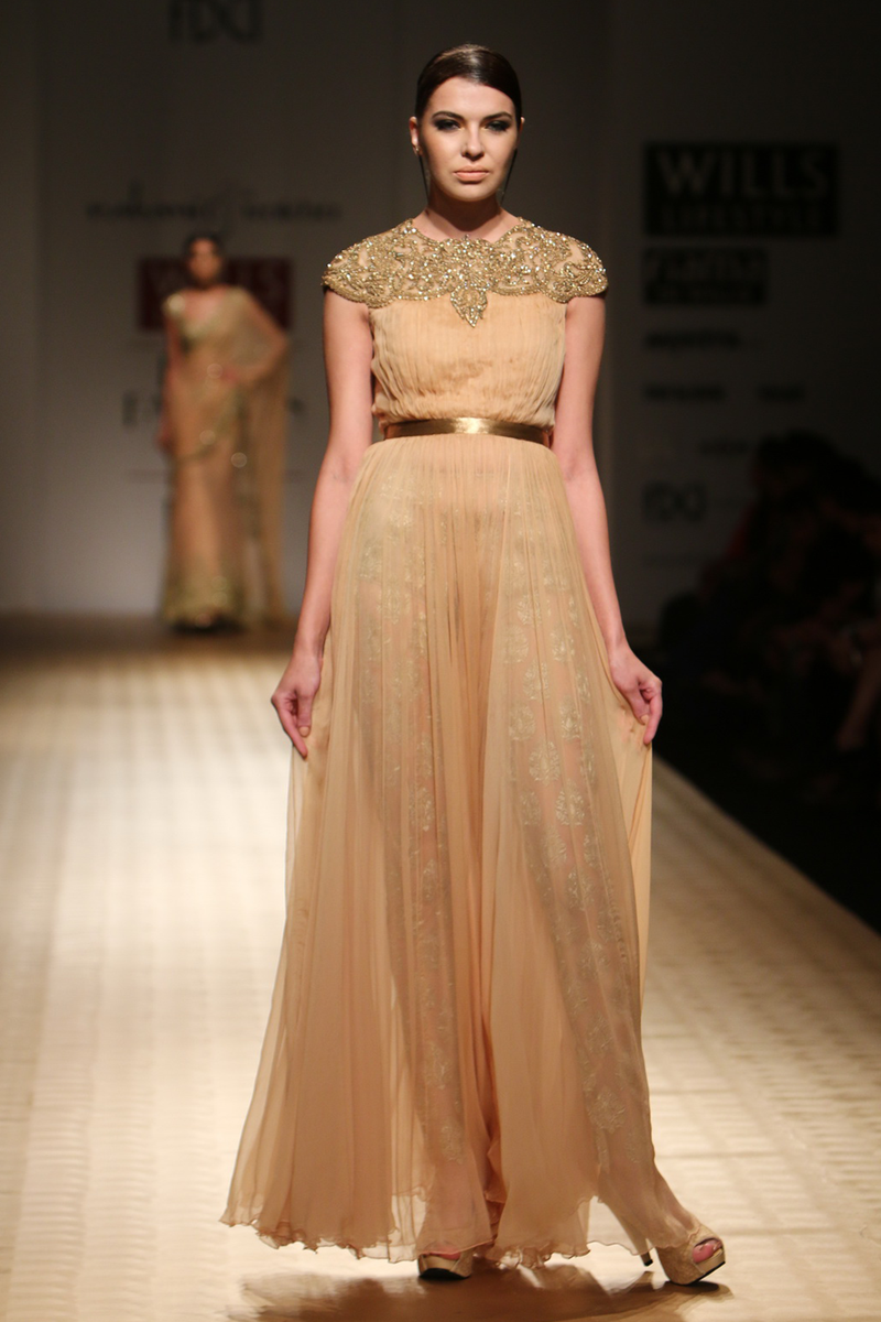 Gold Roughed Chiffon with Ons-13 Jewel Neck And Shoulder Yoke Gown with Booti Churi Trouser