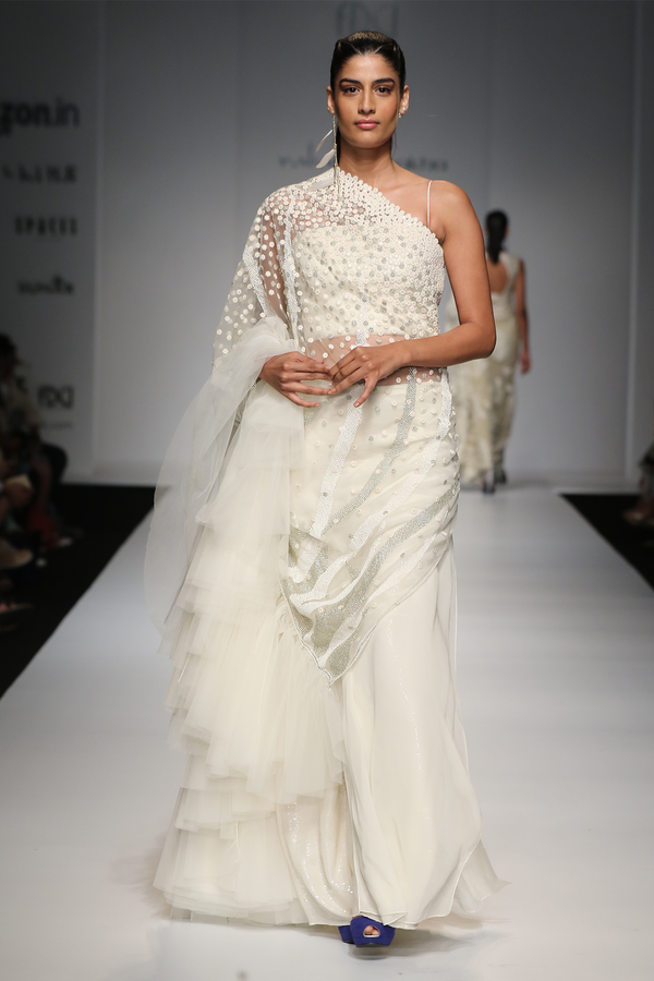 Ivory Flower & Flames 2.5 Meter Drape W/Net Frill Lehenga Sari Set W/G-60 Sheeted Skirt W/Lace Corset