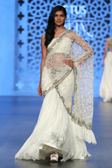 Ivory Net Fully Hand Embroidered Drape W. Lace Lehenga Saree/Lace Crino Petticoat Lace Bustier With Emerald Tassles