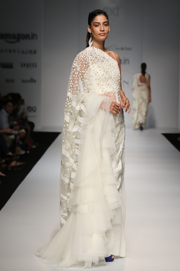 Ivory Flower & Flames 2.5 Meter Drape W/Net Frill Lehenga Sari Set W/G-60 Sheeted Skirt W/Lace Corset