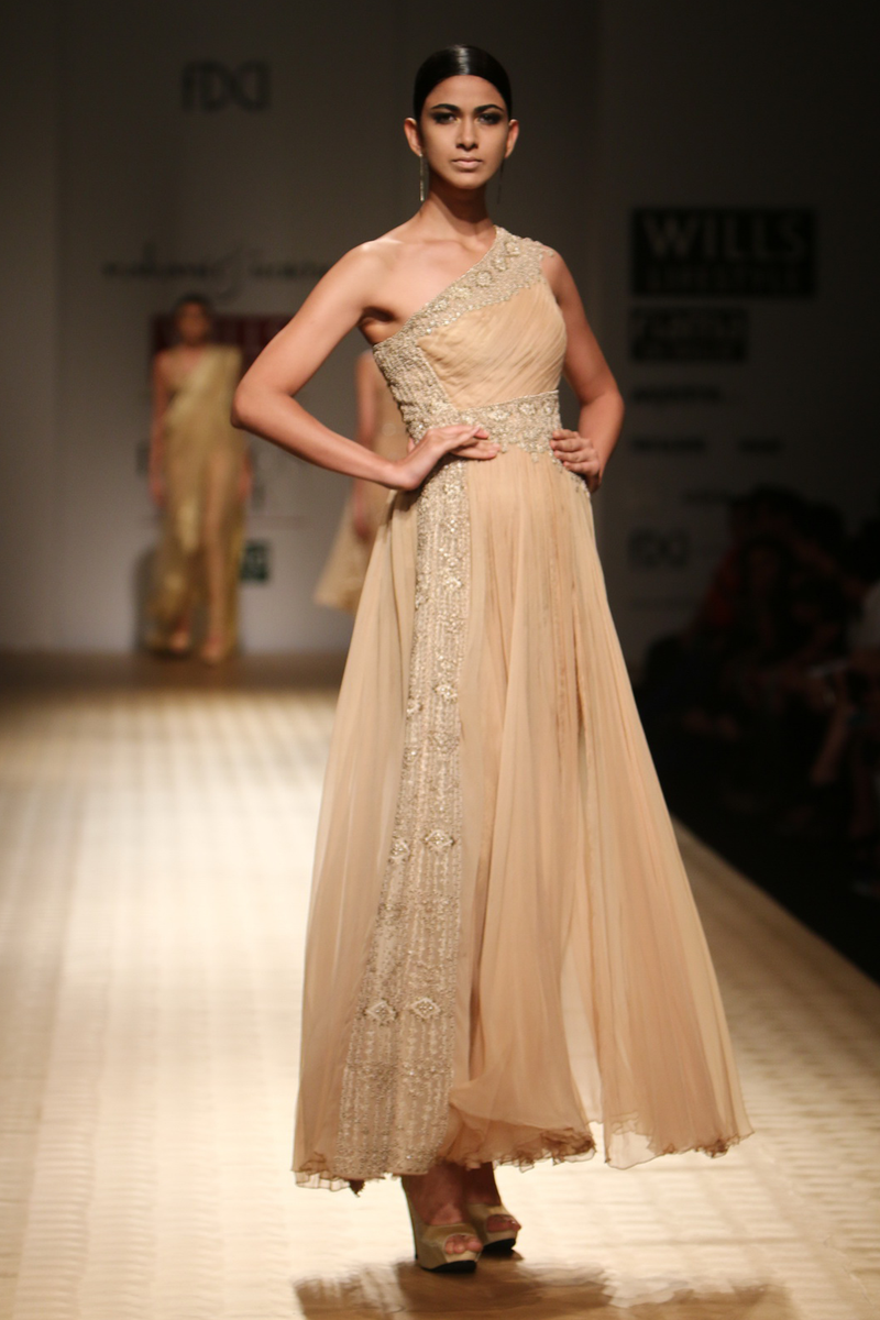 Gold Chiffon Roughed with Side Embroidered Panel One Shoulder Jgj-13 Yoke Gown W/ Gold Roses Lace  Churi Trouser