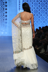 Ivory Net Fully Hand Embroidered Drape W. Lace Lehenga Saree/Lace Crino Petticoat Lace Bustier With Emerald Tassles