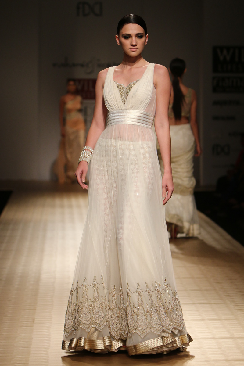 Ivory Lace Border with Net Poof with Beaded Hakoba Churi Trouser Gown