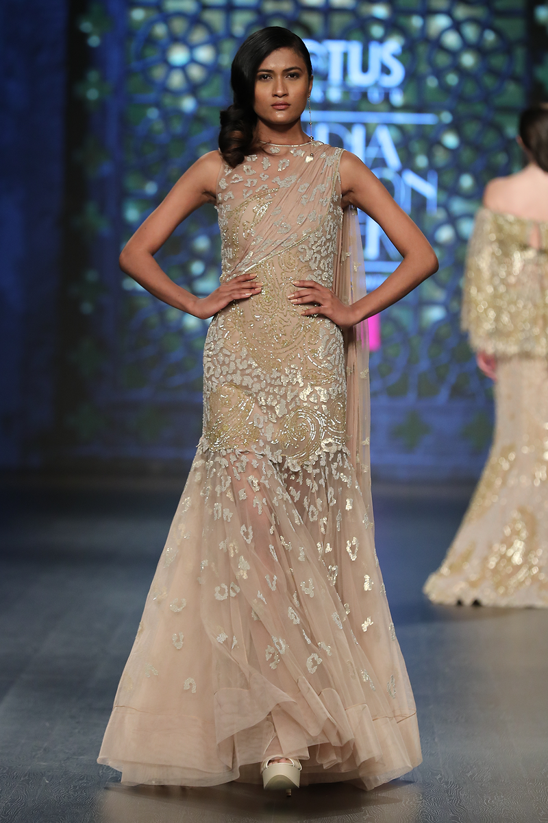 Gold Net A Line Fully Hand Embroidered P Burst Jaal Gown W 3 Chiffon 3 Net Shreads At Back W.