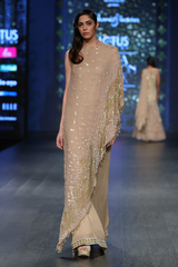 Gold Fully Hand Embroidered Chiffon Cape Gown