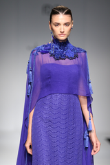 Blue Lace W/Sheeting Straight Gown W. Chiffon Tassles Drape