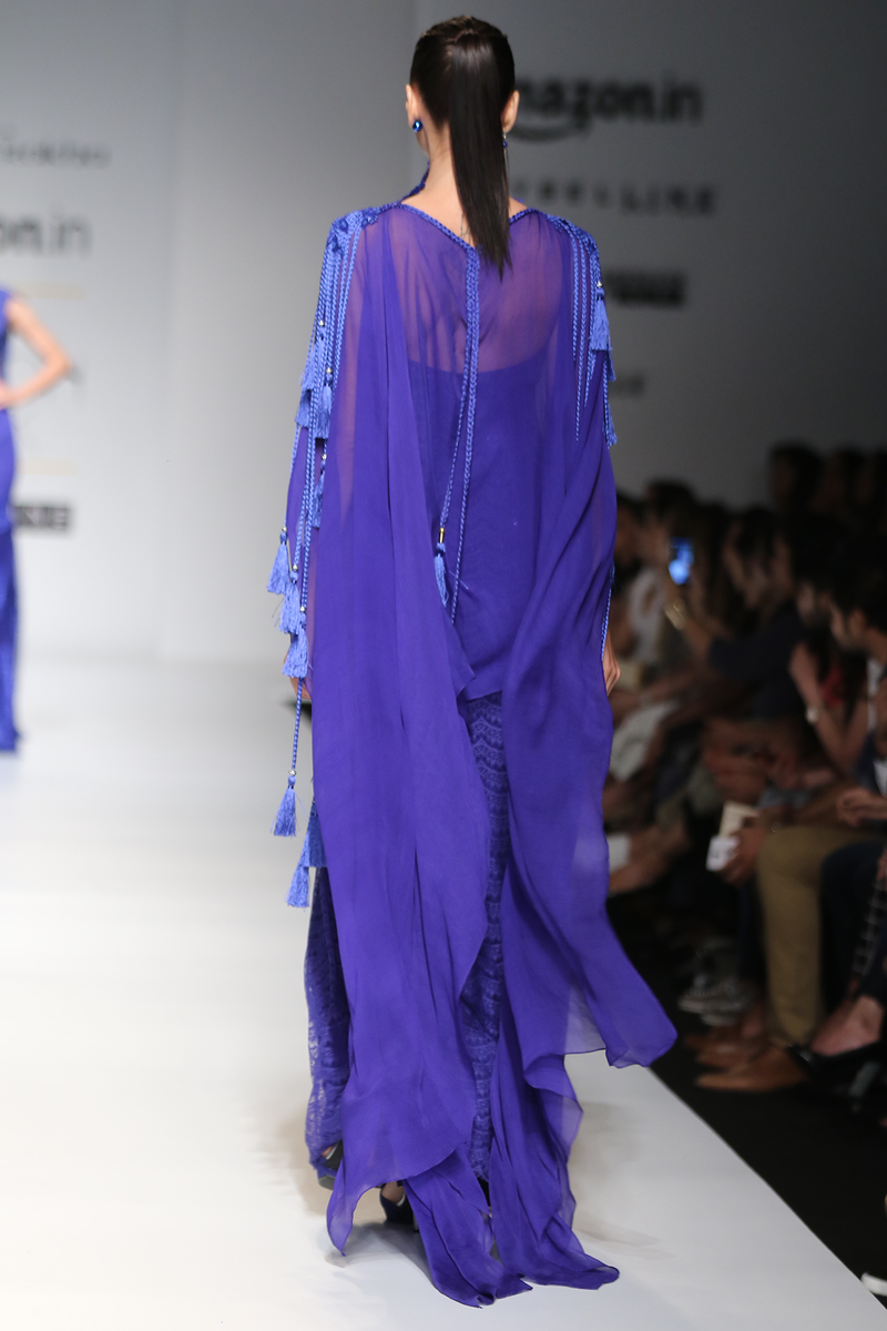 Blue Lace W/Sheeting Straight Gown W. Chiffon Tassles Drape