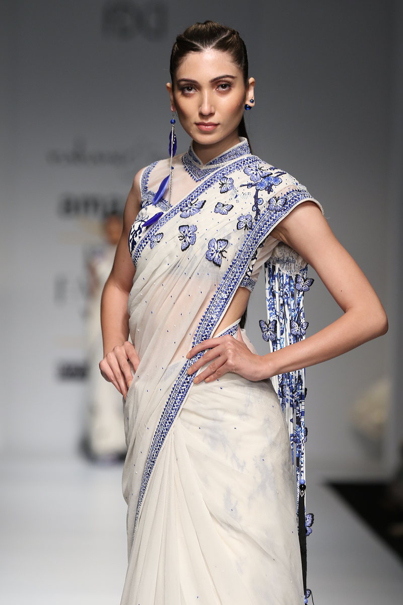 Ivory W/ Blue Embroidered Chiffon Drape W/ Tassels Sari W/Blouse W/ Lace Crino Petticoat