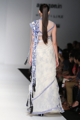 Ivory W/ Blue Embroidered Chiffon Drape W/ Tassels Sari W/Blouse W/ Lace Crino Petticoat