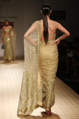 Gold Small Booti with 9 Yars Sequin Border with Resham Jaal On Border & Palla Sari Tissue Petticoat  Beaded Blouse