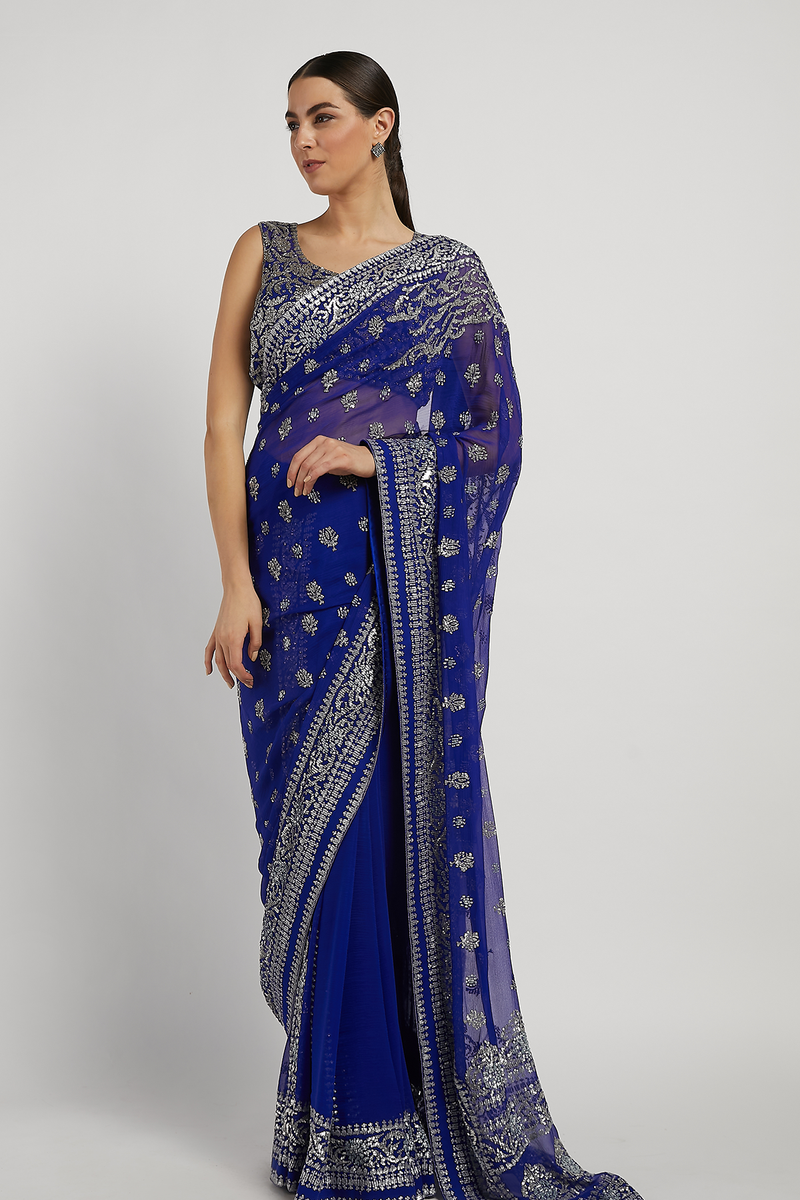 Royal Blue Hand Embroidered Zaynab Saree Set