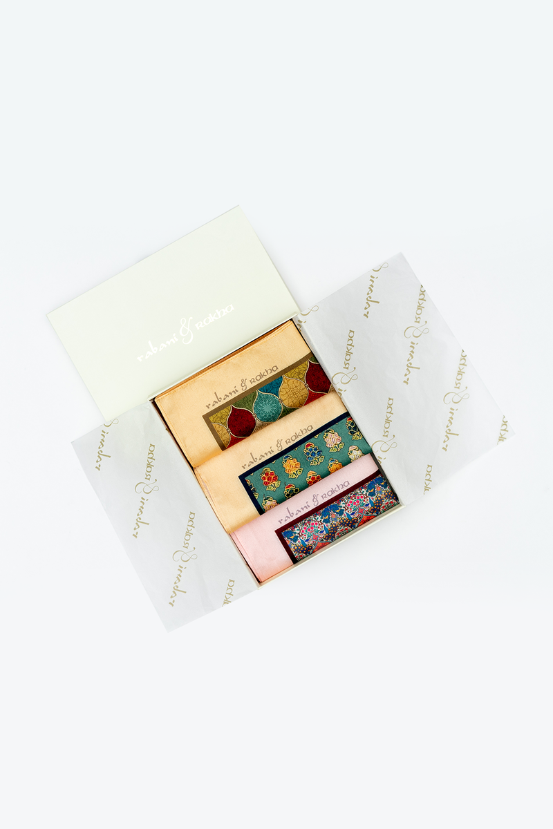 Multi Colored, Teal, & Blue Printed Pocket Square Gift Box