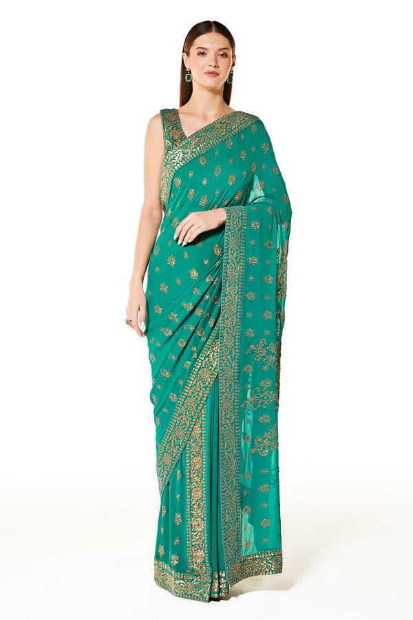 Green Georgette Zaynab Sequin Saree With Blouse