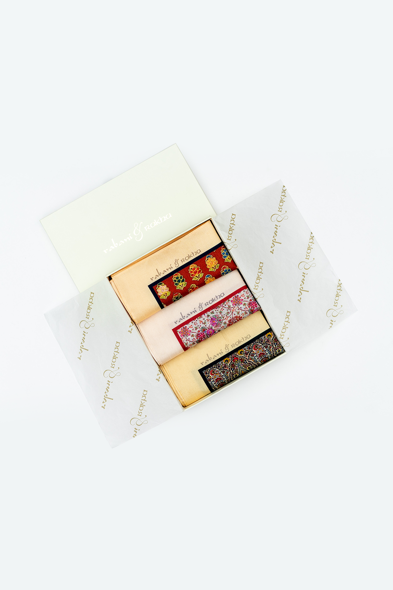 Peach, Beige, & Cream Yellow Printed Pocket Square Gift Box