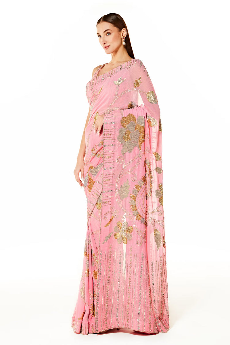 Pink Georgette Zaynab Sequin Embroidered Saree