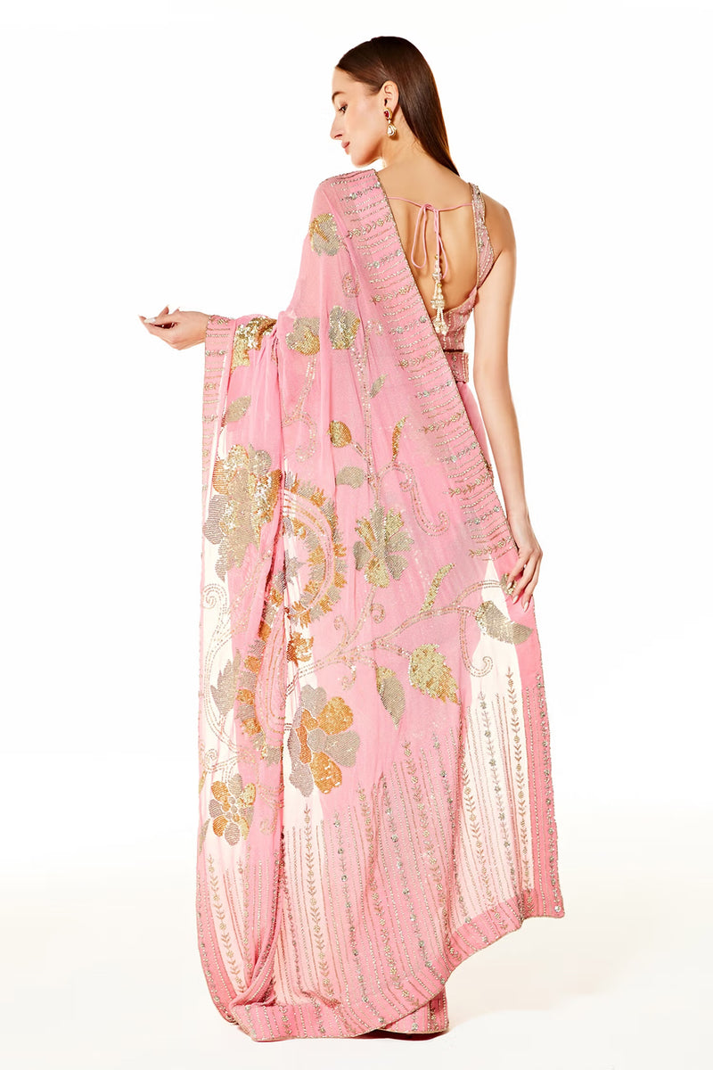 Pink Georgette Zaynab Sequin Embroidered Saree