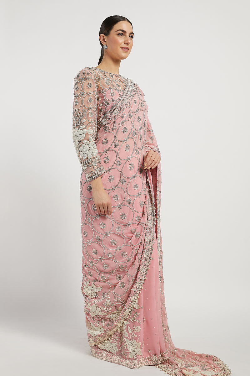 Pink Hand Embroidered Zaynab Saree Set