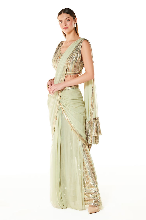 Green Georgette Sairaa Pant Saree With Blouse