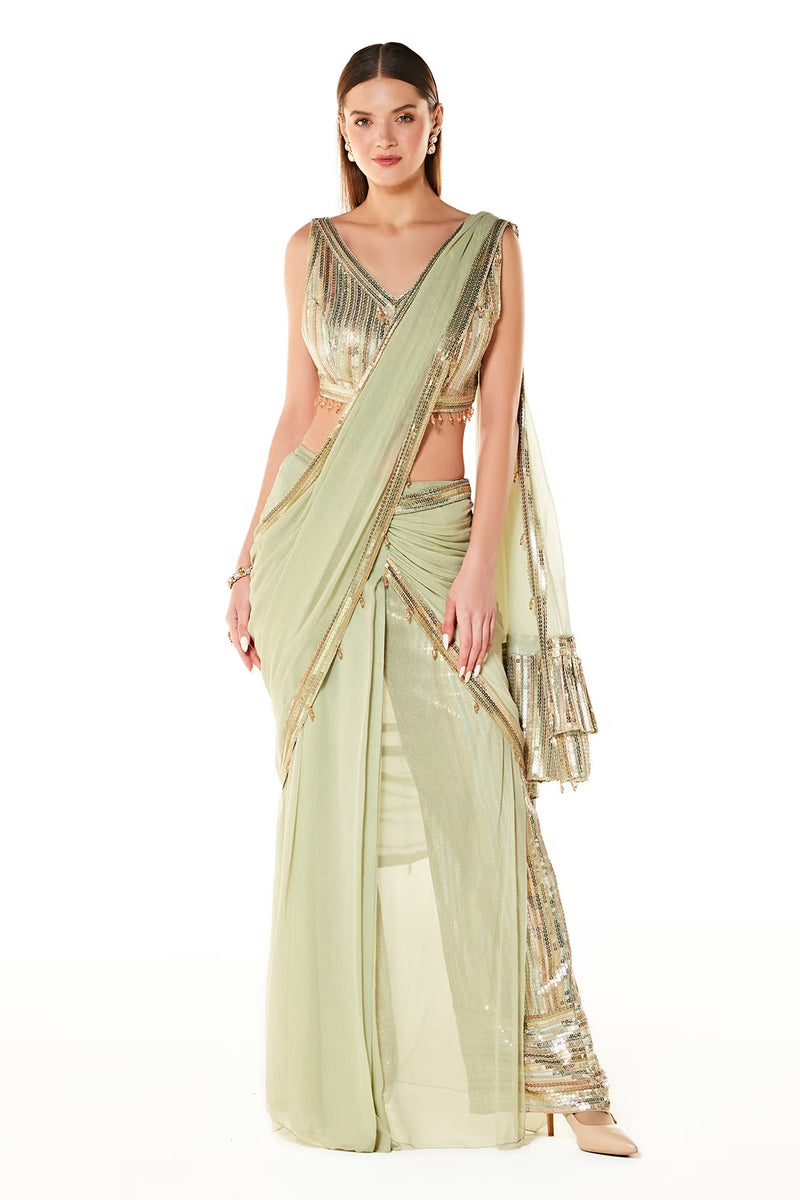 Green Georgette Sairaa Pant Saree With Blouse