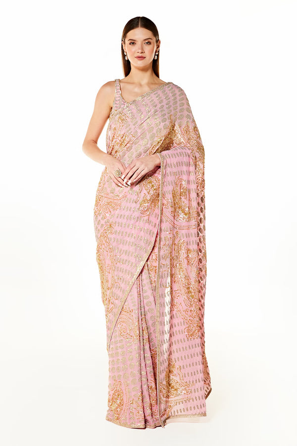 Pink Zaynab Paisley Embroidered Saree With Blouse