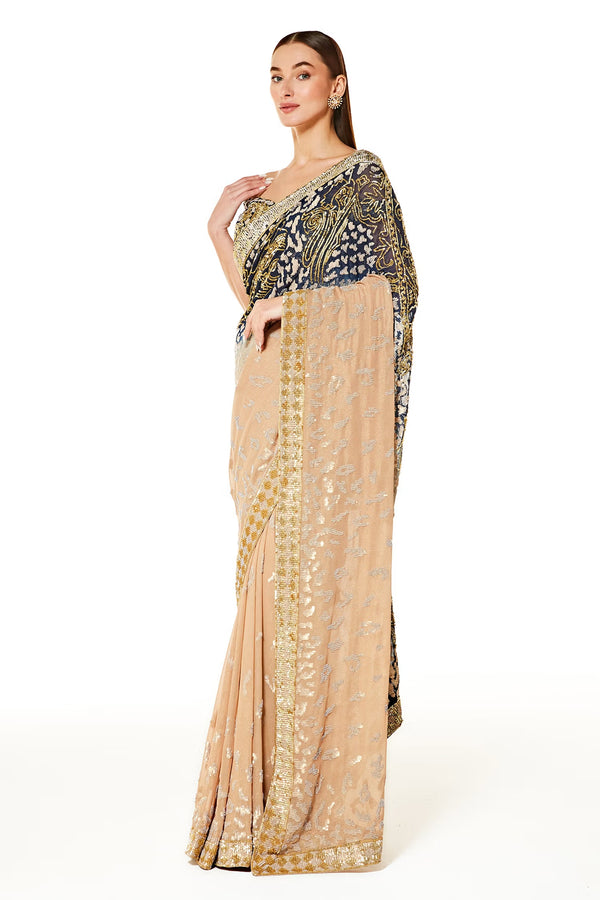Gold With Blue Georgette Zaynab Shaded Saree