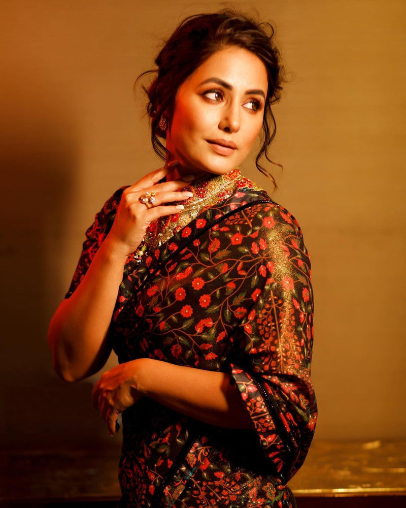 Hina Khan in Black printed ruffle saree