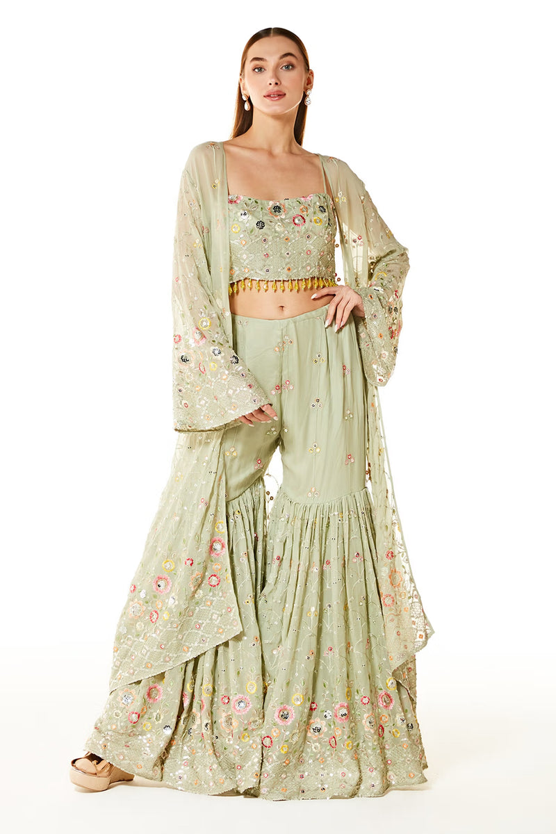 Green Georgette Alia Embroidered Jacket And Pant Set
