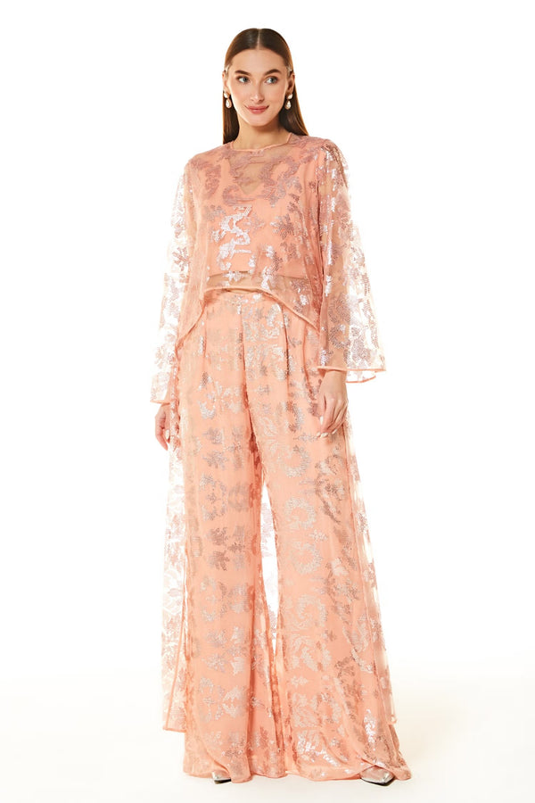 Peach Abstract Embroidered Cape And Palazzo Set