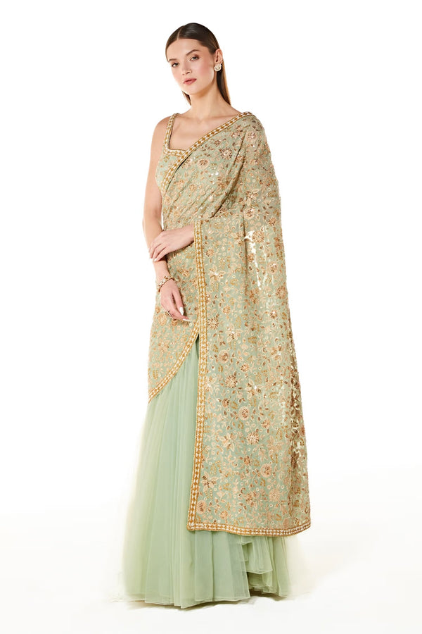 Sage Georgette Sairaa Embroidered Lehenga Saree