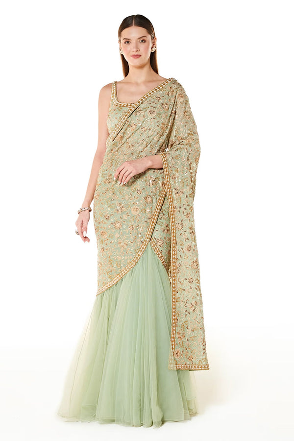 Sage Georgette Sairaa Embroidered Lehenga Saree