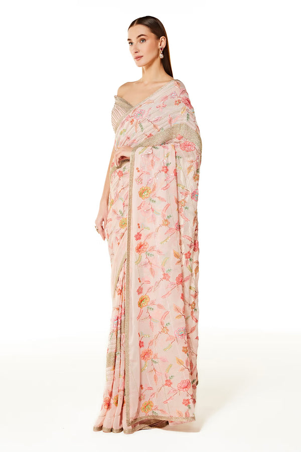 Pink Georgette Zaynab Saree With Off Shoulder Blouse