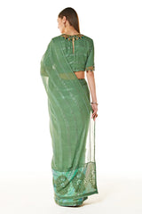 Green Zaynab Stripe Embroidered Saree With Blouse