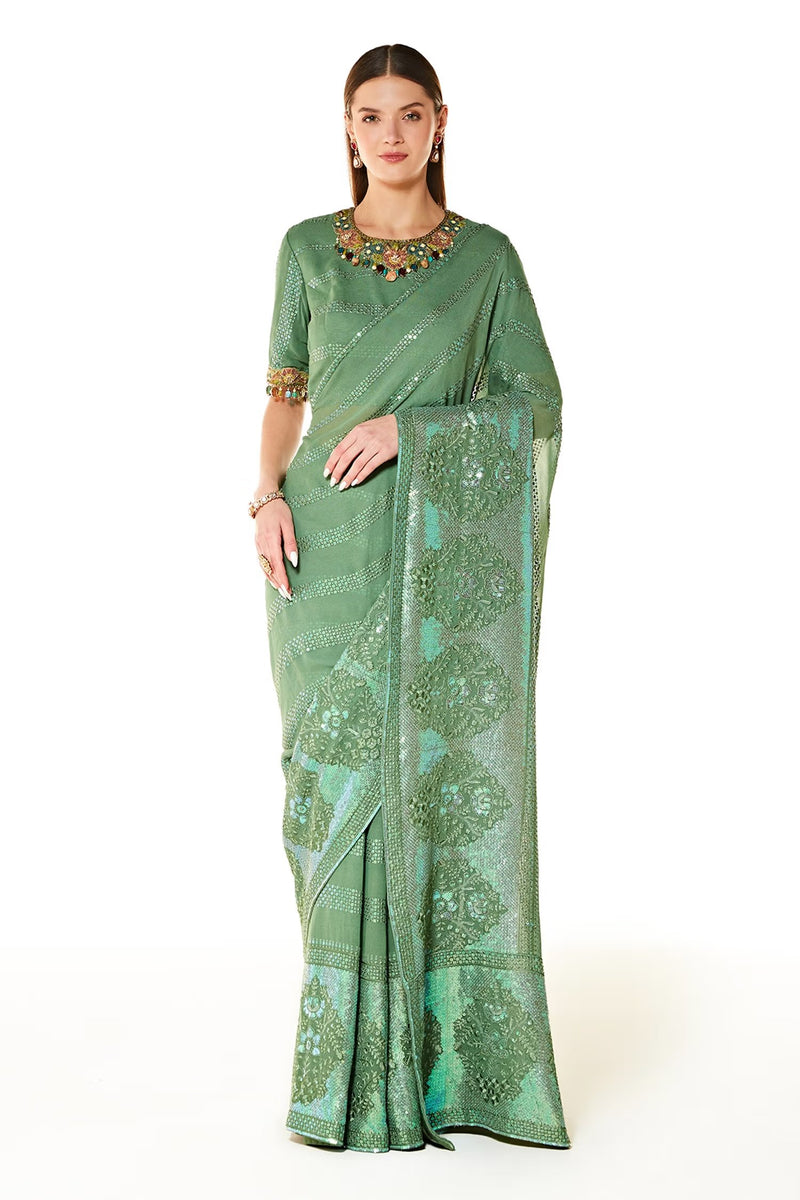 Green Zaynab Stripe Embroidered Saree With Blouse