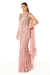 Pink Georgette Sequin Embroidered Pre-draped Saree