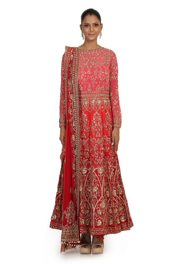 SH RED 12 KALI FULLY HAND EMBROIDERED ANARKALI SET