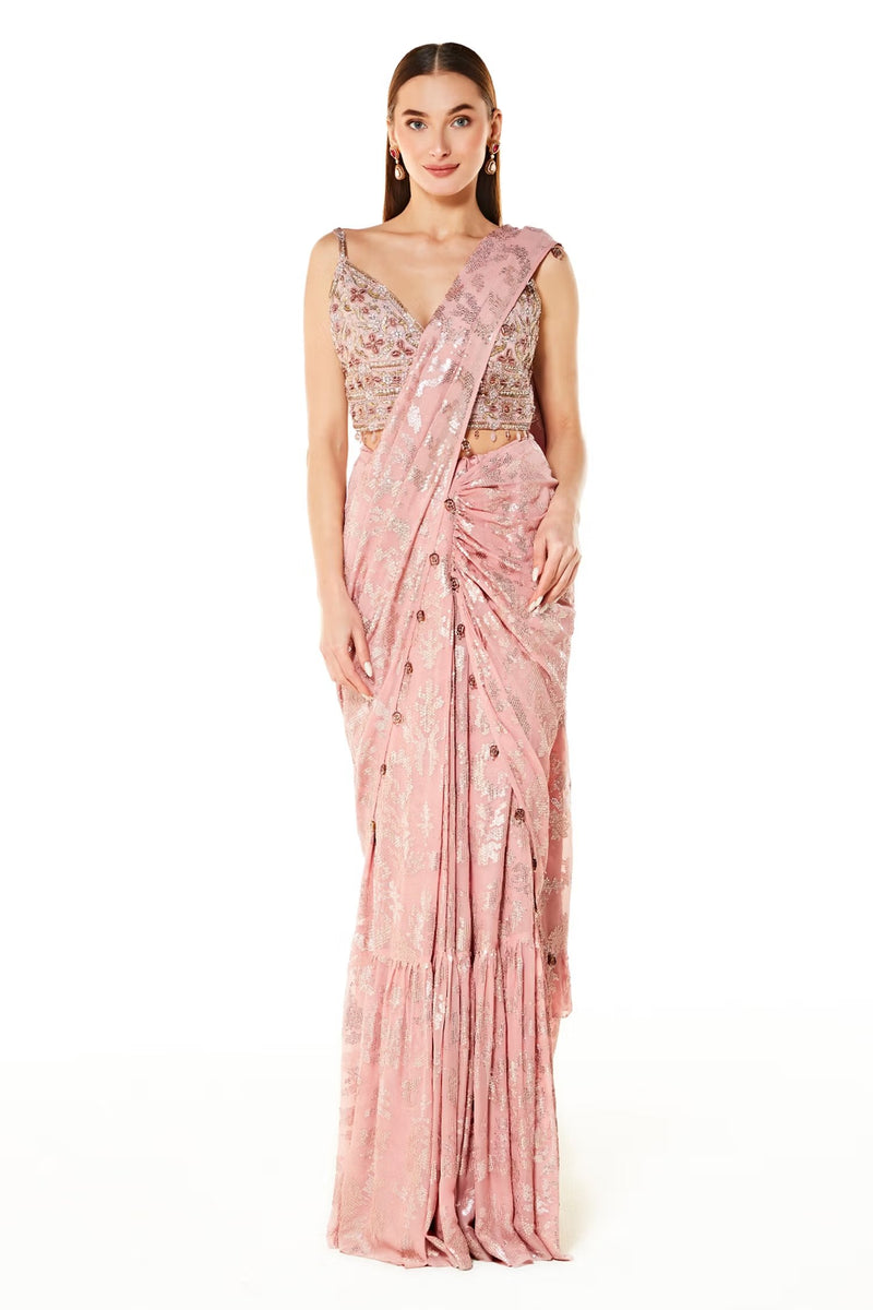 Pink Georgette Sequin Embroidered Pre-draped Saree