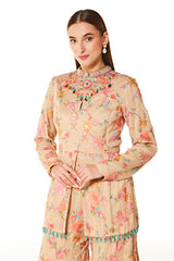 Beige Dalia Blossom Embroidered Peplum And Sharara Set