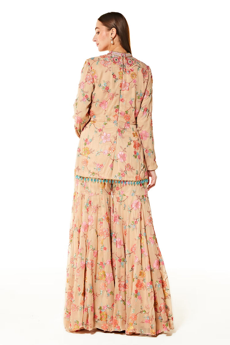 Beige Dalia Blossom Embroidered Peplum And Sharara Set