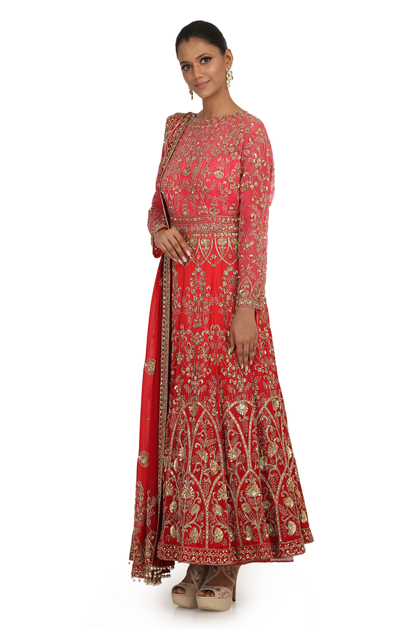 SH RED 12 KALI FULLY HAND EMBROIDERED ANARKALI SET