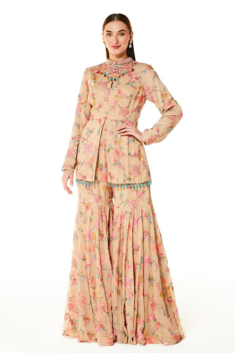 Beige Dalia Blossom Embroidered Peplum And Sharara Set