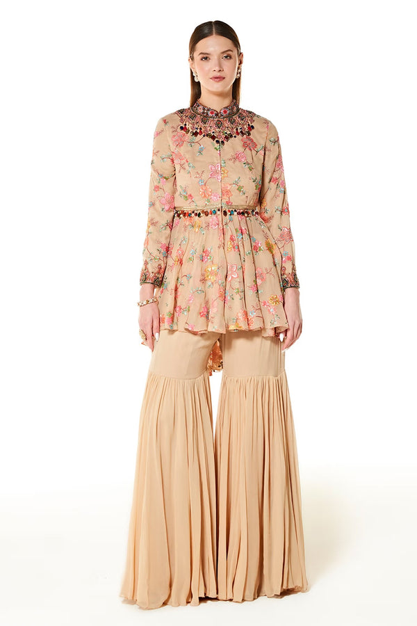 Beige Dalia Stone Peplum And Sharara Set