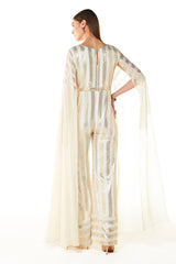 Ivory Georgette Adha Stripe Embroidered Jumpsuit