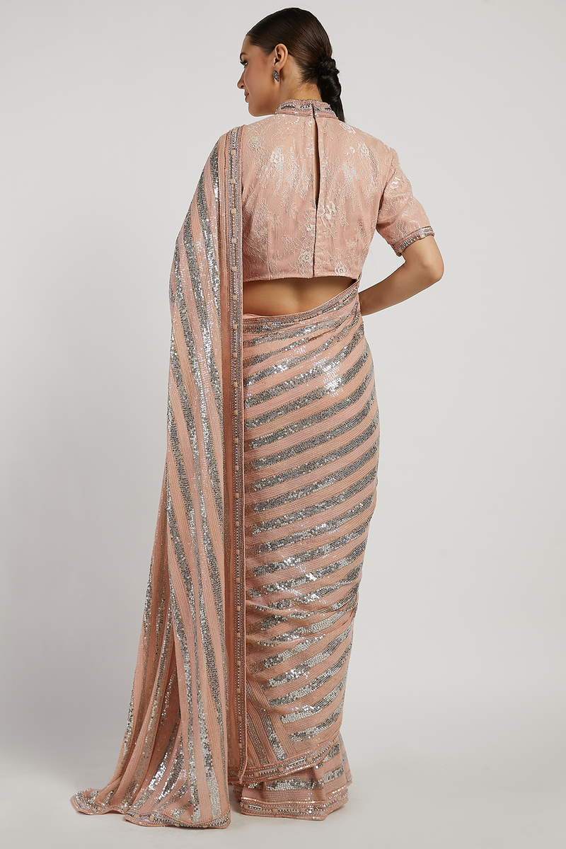 Pink Hand Embroidered Zaynab Saree With Lace Blouse