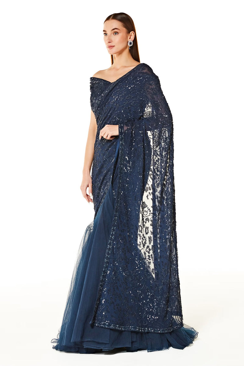 Blue Net Sairaa Embroidered Lehenga Saree Set