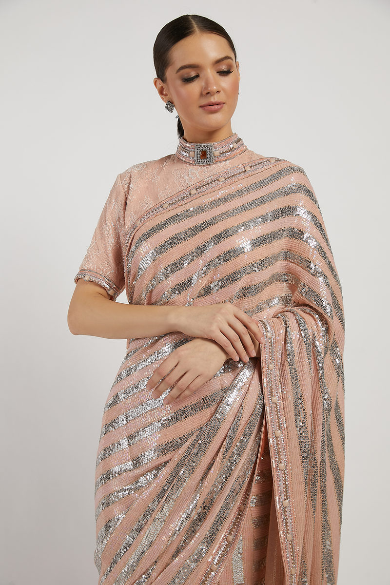Pink Hand Embroidered Zaynab Saree With Lace Blouse