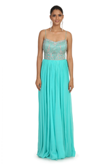 AQUA CHIFFON ROUGHED GOWN WITH JEWEL HAND EMBROIDERED BUSTIER