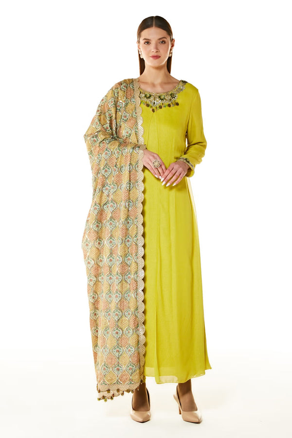 Green Ayat Kurta Set With Jaal Print Dupatta